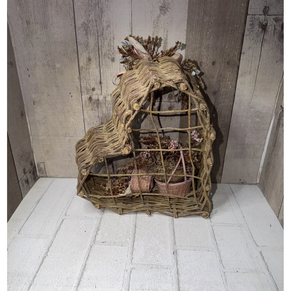 Twig Heart Wreath Primitive Rustic Country Cottage Pink Floral Basket Wall Decor